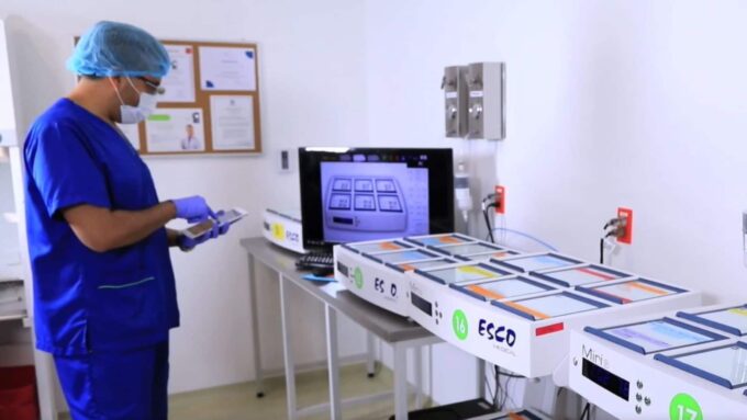 Especialista del laboratorio de Ingenes junto a las incubadoras de embriones